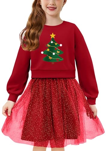 Arshiner Mädchen Kleider Tüll Spleißen Langarmkleid Kinder Rundhals Elegant Partykleid Festliche Mode Bedruckt Freizeitkleid Herbst Winter Lässiges Kleid für Mädchen 4-5 Jahre Weihnachtsbaum von Arshiner