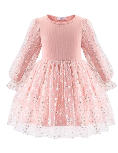 Arshiner Mädchen Kleider Tüll Spleißen Quasten Langarmkleid Kinder Laternen Ärmel A-Linie Rundhals Partykleid Festliche Freizeitkleid Herbst Winter Kleid für Mädchen 4-5 Jahre Hellrosa Size 4 von Arshiner