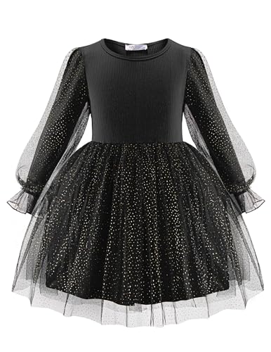 Arshiner Mädchen Kleider Tüll Spleißen Quasten Langarmkleid Kinder Laternen Ärmel A-Linie Rundhals Partykleid Festliche Freizeitkleid Herbst Winter Kleid für Mädchen 5-6 Jahre Schwarz Size 5 von Arshiner