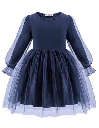Arshiner Mädchen Kleider Tüll Spleißen Quasten Langarmkleid Kinder Laternen Ärmel A-Linie Rundhals Partykleid Festliche Freizeitkleid Herbst WinterKleid für Mädchen 6-7 Jahre Marineblau Size 6 von Arshiner