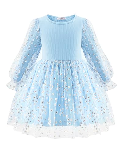 Arshiner Mädchen Kleider Tüll Spleißen Quasten Langarmkleid Kinder Laternen Ärmel A-Linie Rundhals Partykleid Festliche Freizeitkleid Herbst Winter Kleid für Mädchen 6-7 Jahre Hellblau Size 6 von Arshiner