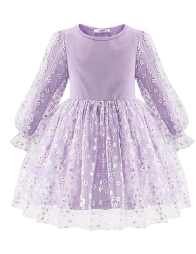 Arshiner Mädchen Kleider Tüll Spleißen Quasten Langarmkleid Kinder Laternen Ärmel A-Linie Rundhals Partykleid Festliche Freizeitkleid Herbst Winter Kleid für Mädchen 6-7 Jahre Hellviolett Size 6 von Arshiner
