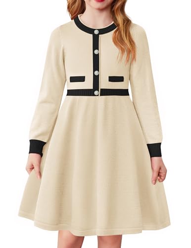 Arshiner Mädchen Kleider Winter Kinder Warm Strickkleid A-Linie Partykleid Festliche Elegant Langarm Kleid für Mädchen 11-12 Jahre Aprikose von Arshiner