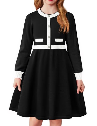 Arshiner Mädchen Kleider Winter Kinder Warm Strickkleid A-Linie Partykleid Festliche Elegant Langarm Kleid für Mädchen 11-12 Jahre Schwarz von Arshiner