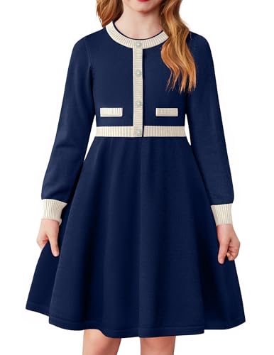 Arshiner Mädchen Kleider Winter Kinder Warm Strickkleid A-Linie Partykleid Festliche Elegant Langarm Kleid für Mädchen 6-7 Jahre Marineblau von Arshiner
