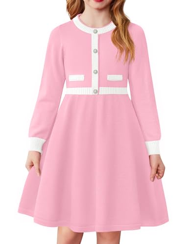 Arshiner Mädchen Kleider Winter Kinder Warm Strickkleid A-Linie Partykleid Festliche Elegant Langarm Kleid für Mädchen 9-10 Jahre Rosa von Arshiner