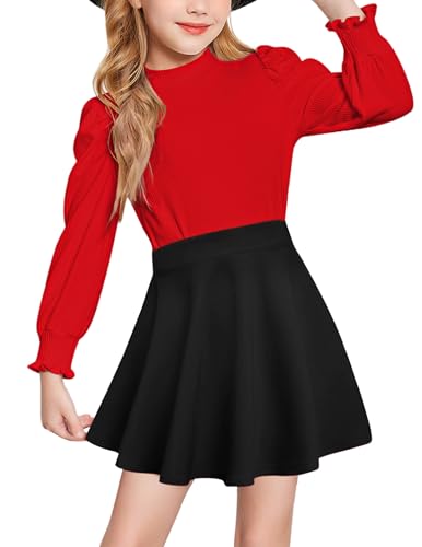 Arshiner Mädchen Kleidung Set Langarm Freizeit Outfits Rot T-Shirt mit Plaid Rock Set Kinder Herbst Bekleidungsets Rock Zweiteilig für Mädchen Kinderkleidung 130/8-9 Jahre von Arshiner