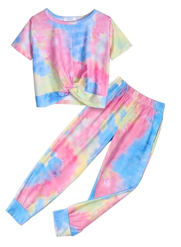 Arshiner Mädchen Schlafanzüge Batik Kinder Sommer Pyjama-Set Leicht Kurzarm Tie-dye Schlafanzug für Mädchen 8-9 Jahre von Arshiner