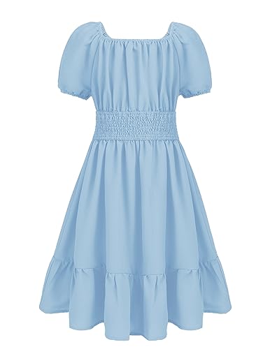 Arshiner Mädchen Kleid Sommer Knielang Kleider Laternenärmel Sommerkleid Elegant Kinder Midikleid hellblau 146 von Arshiner