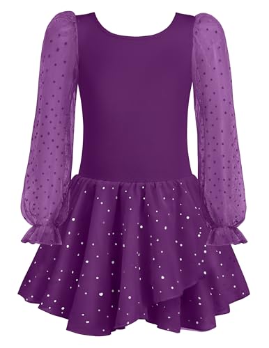 Arshiner Mädchen Langarm Ballettkleidung Dunkel Lila Ballettkleid Kinder Ballett Tanzkleid Baumwolle Balletttrikot Einfarbig Tanztrikot mit Rock Tütü 150/8-9 Jahre von Arshiner
