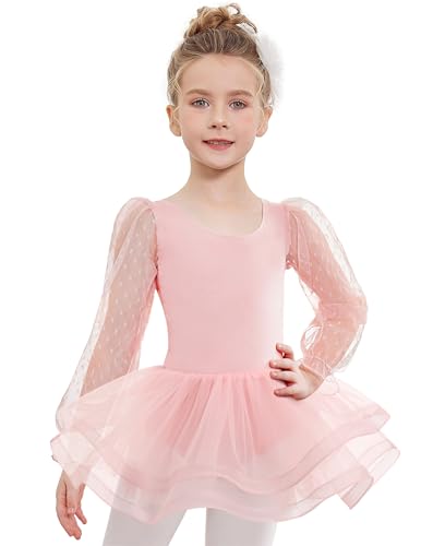 Arshiner Mädchen Langarm Ballettkleidung Kinder Ballettanzug Ballettkleid Tanzkleid mit 3-lagiges Tütü Rock Rosa 130 3-4 Jahre von Arshiner
