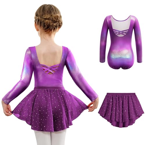 Arshiner Mädchen Langarm Ballettkleidung Zweiteiliges Ballettanzug Kinder Rückenfrei Ballettkleid Balletttrikot Tanzkleid aus Baumwolle Tanzbody mit Chiffon Rock Tütü Leuchtendes Lila 150 7-8 Jahre von Arshiner