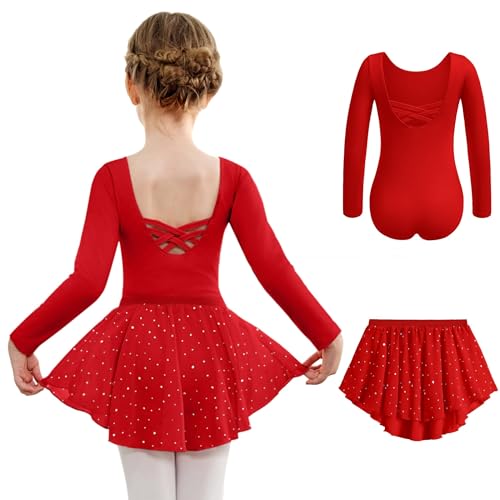 Arshiner Mädchen Langarm Ballettkleidung Zweiteiliges Ballettanzug Kinder Rückenfrei Ballettkleid Balletttrikot Tanzkleid aus Baumwolle Tanzbody mit Chiffon Rock Tütü Rot 150 7-8 Jahre von Arshiner