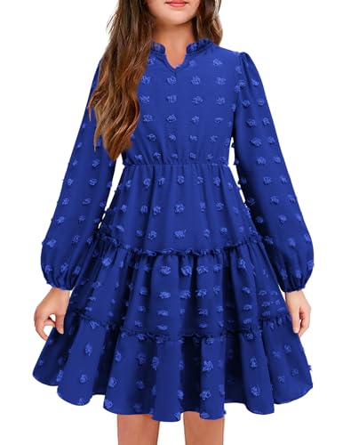 Arshiner Mädchen Langarm Kleider Chiffon V-Ausschnitt Kinderkleider Elegant Festlicheskleid Kinder Swiss Dot Partykleid Herbst Winter Kinderkleider Blau 110/5-6 Jahre von Arshiner