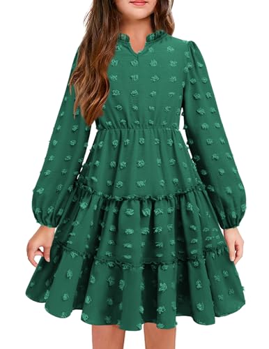 Arshiner Mädchen Langarm Kleider Swiss Dot Chiffonkleid V-Ausschnitt Festlicheskleid Kinder A-Linie Stufenkleid Weihnachtskleid Geburtstagskleid Einschulungskleid Grün 140/10-11 Jahre von Arshiner