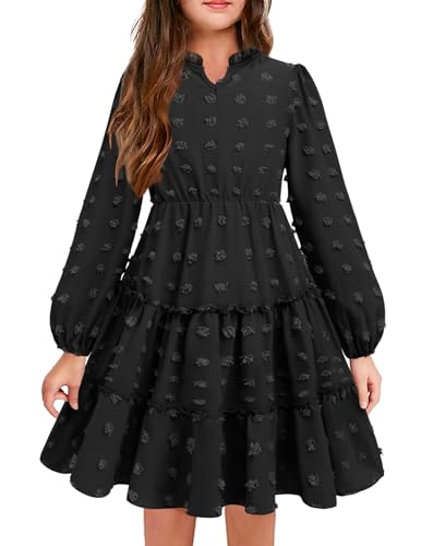 Arshiner Mädchen Langarm Kleider V-Ausschnitt Chiffonkleid Volant Kinderkleider Festlicheskleid A-Linie Halloween Partykleid Swing Skaterkleid Geburtstagskleid Schwarz 140/10-11 Jahre von Arshiner
