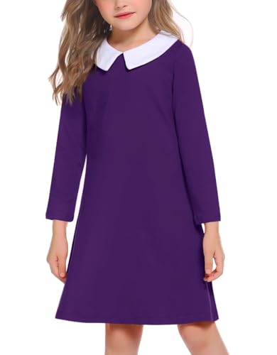Arshiner Mädchen Langarm Kleider Violett Baumwollekleider Basic A Linie Kleid Kinder Peter Pan Kragen Kleider Festlichekleid Casual Einschulungskleid Herbstkleid 150/11-12 Jahre von Arshiner