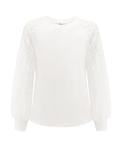 Arshiner Mädchen Langarm T-Shirts Weiß Puffärmel Oberteil Kinder Shirts Mode Rundhals Tops Basic Casual Bluse Herbst Winter Sweatshirt für Mädchen 140/9-10 Jahre von Arshiner