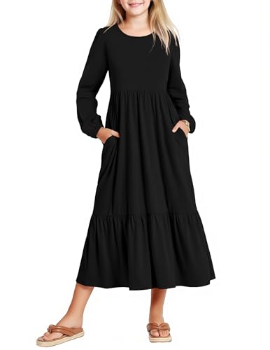Arshiner Mädchen Langarmkleid Schwarz Rüschensaum Kleider A-Linie Festkleid Kinder Kleid Einfarbig Swingkleid Rundhals Partykleid Halloween Geburtstag Mädchenkleidung mit Tasche 140/10-11 Jahre von Arshiner