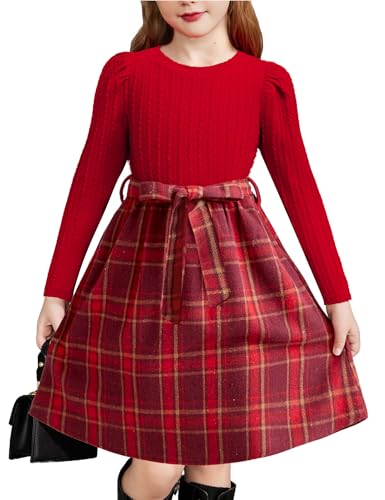 Arshiner Mädchen Langarmkleider Puffärmel Rippstrick Kariert Patchwork Freizeit Prinzessin Festlich Kleid Kinder Herbst Winter Kleider mit Taschen Rot/Rot kariert 150 11-12 Jahre von Arshiner