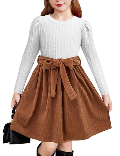 Arshiner Mädchen Langarmkleider Puffärmel Rippstrick Kariert Patchwork Freizeit Prinzessin Festlich Kleid Kinder Herbst Winter Kleider mit Taschen Weiß/Braun 140 9-10 Jahre von Arshiner