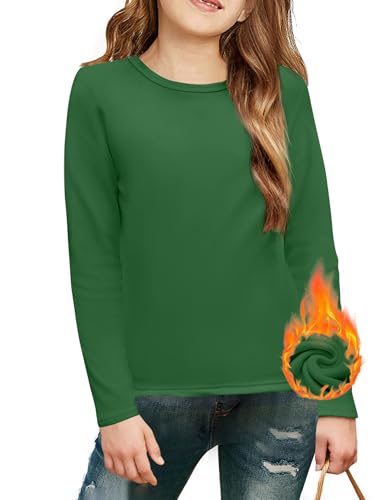 Arshiner Mädchen Langarmshirt Basic Innenfleece T-Shirt Grün Thermo Oberteile Lässig Rundhals Top Einfarbige Thermo-Shirt Kinder Pullover Mode Sweatshirt Halloween Kinderkleidung 7-8 Jahre von Arshiner