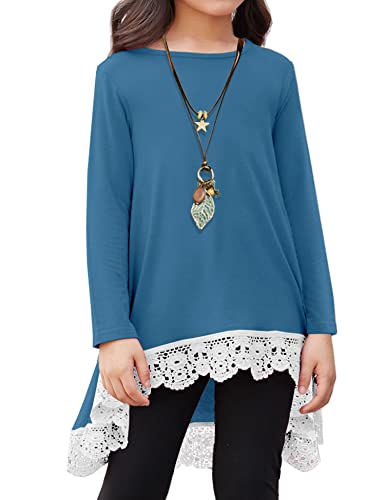 Arshiner Mädchen Tshirt Besticktes Kinder Lose Freizeit Tunika Swing Mode Langarm Oberteile Herbst Winter T-Shirts für Mädchen 7-8 Jahre 130 Seeblau von Arshiner