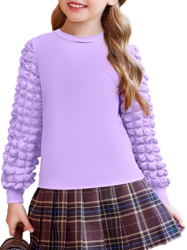 Arshiner Mädchen Langarmshirt Blasen Ärmel Pullover Kinder Rundhals Oberteile Langarm Freizeit Mode Strickpullover Herbst Winter Elegant Shirt für Mädchen 10-11 Jahre Hellviolett von Arshiner