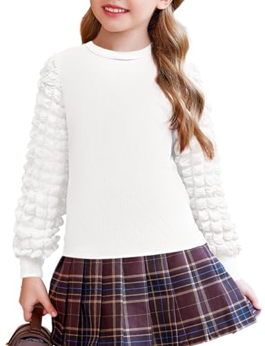 Arshiner Mädchen Langarmshirt Blasen Ärmel Pullover Kinder Rundhals Oberteile Langarm Freizeit Mode Strickpullover Herbst Winter Elegant Shirt für Mädchen 3-4 Jahre Weiß von Arshiner
