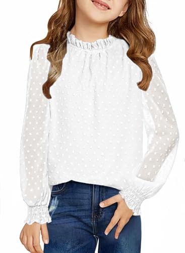 Arshiner Mädchen Langarmshirt Chiffon Kinder Tunika Punkt Faltiger Kragen Oberteile Freizeit Locker Longsleeve Herbst Winter Niedlich Shirt für Mädchen 11-12 Jahre Weiß von Arshiner