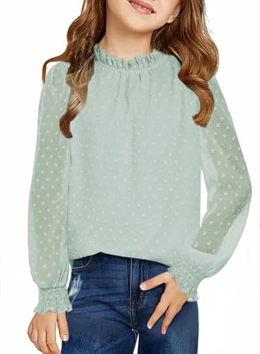 Arshiner Mädchen Langarmshirt Chiffon Kinder Tunika Punkt Faltiger Kragen Oberteile Freizeit Locker Longsleeve Herbst Winter Niedlich Shirt für Mädchen 6-7 Jahre Hellgrün von Arshiner