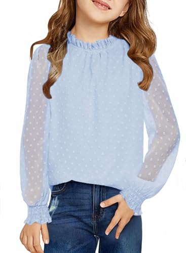 Arshiner Mädchen Langarmshirt Chiffon Kinder Tunika Punkt Faltiger Kragen Oberteile Freizeit Locker Longsleeve Herbst Winter Niedlich Shirt für Mädchen 7-8 Jahre Blau von Arshiner