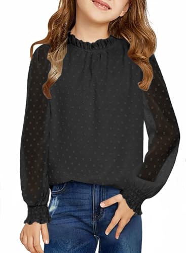Arshiner Mädchen Langarmshirt Chiffon Kinder Tunika Punkt Faltiger Kragen Oberteile Freizeit Locker Longsleeve Herbst Winter Niedlich Shirt für Mädchen 9-10 Jahre Schwarz von Arshiner