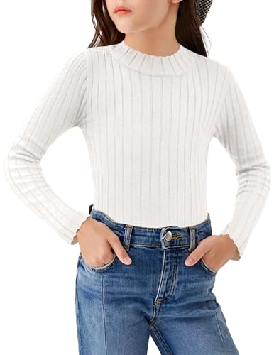 Arshiner Mädchen Langarmshirt Halber Rollkragenpullover Kinder Freizeit Pullover Langarm Oberteile Mode Strickpullover Herbst Winter Elegant Shirt 7-8 Jahre Weiß von Arshiner