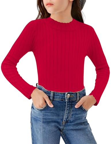 Arshiner Mädchen Langarmshirt Halber Rollkragenpullover Kinder Freizeit Pullover Langarm Oberteile Mode Strickpullover Herbst Winter Elegant Shirt 9-10 Jahre Dunkelrot von Arshiner