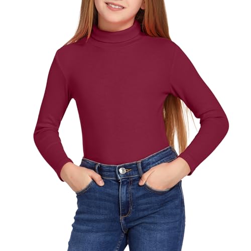 Arshiner Mädchen Langarmshirt Rollkragen Weiches Oberteil Dünnes Basic T-Shirt für Herbst Winter Einfarbige Tops für Kinder Hautfreundlich Leichtgewicht Weinrot 8-9 Jahre von Arshiner