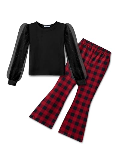 Arshiner Mädchen Langarmshirt Schwarz Rot Karierter Schlaghose Kinder Bekleidungssets Herbst Winter Weihnachts Outfit Mädchenmode 100/4-5 Jahre von Arshiner
