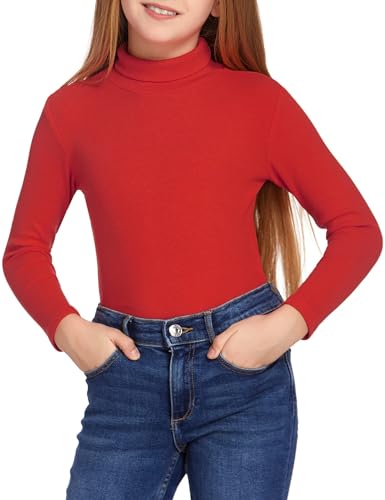 Arshiner Mädchen Langarmshirt mit Rollkragen Herbst Winter Red Casual Tops Kinder Baumwolle Basic Shirt Einfarbige Oberteil Leichtgewicht Weich Haut Unterziehshirt 8-9 Jahre von Arshiner