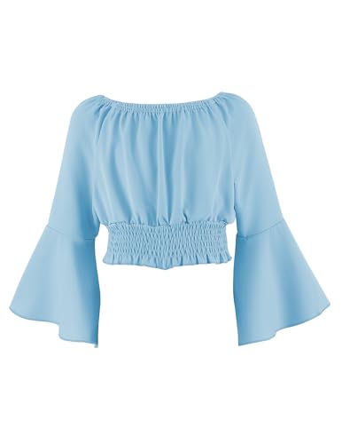 Arshiner Mädchen Langarmshirt mit Trompetenärmel Tunika Kinder Baumwolle Elegant Schulterfrei Oberteile Slim Trägerloses Bluse Mode Frühling Herbst Longsleeve für Mädchen 14-15 Jahre Blau von Arshiner