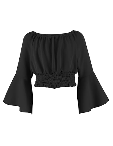 Arshiner Mädchen Langarmshirt mit Trompetenärmel Tunika Kinder Baumwolle Elegant Schulterfrei Oberteile Slim Trägerloses Bluse Mode Frühling Herbst Longsleeve für Mädchen 14-15 Jahre Schwarz von Arshiner