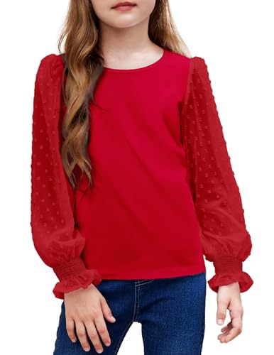Arshiner Mädchen Langarmshirt mit gesmokten Rüschenmanschetten Polka Schweizer Dots Kinder Pullover Shirts Niedliche Rundhals Mädchen Top Bluse Rot 140 von Arshiner