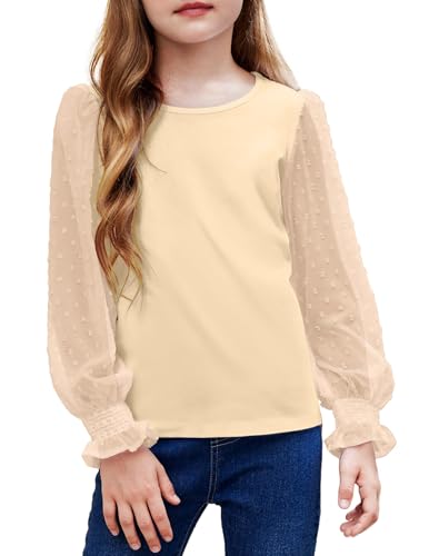 Arshiner Mädchen Langarmshirt mit gesmokten Rüschenmanschetten Polka Schweizer Dots Kinder Pullover Shirts Süßes Rundhals Oberteil Bluse für Mädchen Khaki 150 von Arshiner