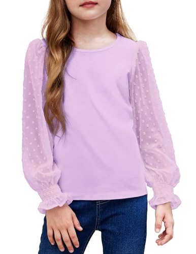 Arshiner Mädchen Langarmshirt mit gesmokten Rüschenmanschetten Polka Schweizer Dots Kinder Pullover Shirts Süßes Rundhals Oberteil Bluse für Mädchen Lila 120 von Arshiner