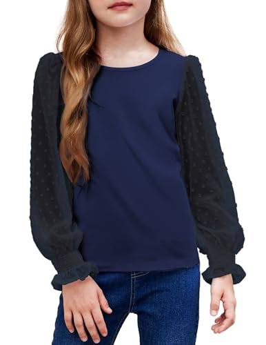 Arshiner Mädchen Langarmshirt mit gesmokten Rüschenmanschetten Polka Schweizer Dots Kinder Pullover Shirts Süßes Rundhals Oberteil Bluse für Mädchen Marineblau 150 von Arshiner