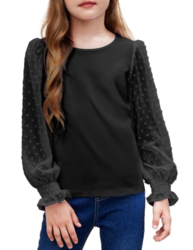 Arshiner Mädchen Langarmshirt mit gesmokten Rüschenmanschetten Polka Schweizer Dots Kinder Pullover Shirts Süßes Rundhals Oberteil Bluse für Mädchen Schwarz 120 von Arshiner