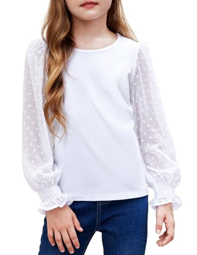 Arshiner Mädchen Langarmshirt mit gesmokten Rüschenmanschetten Polka Schweizer Dots Kinder Pullover Shirts Süßes Rundhals Oberteil Bluse für Mädchen Weiß 140 von Arshiner