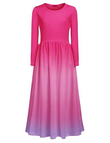 Arshiner Mädchen Langes Kleid Kinder Maxikleid Langarm Baumwolle Festliches Kleid Rosa Rot Herbst Winter Kleider mit Taschen 160/13-14 Jahre von Arshiner
