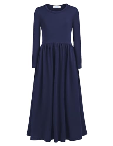 Arshiner Mädchen Langes Kleid Kinder Maxikleid Langarm T-Shirt Baumwolle Festliches Kleid Herbst Winter Kleider mit Taschen Partykleid Blau, 140/10-11 Jahre von Arshiner