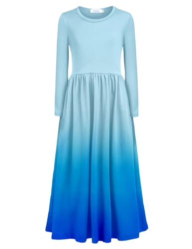 Arshiner Mädchen Langes Kleid Kinder Maxikleid Langarm T-Shirt Baumwolle Festliches Kleid Weiß Blau Herbst Winter Kleider mit Taschen Partykleid 110/5-6 Jahre von Arshiner