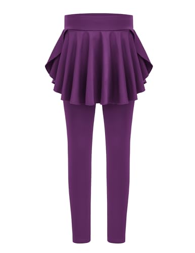 Arshiner Mädchen Leggings mit Rock Hochtaillierte Stretch Sporthose Freizeit Rüschen Tennisrock Lang Sportleggings für Kinder 13-14 Jahre Violett 160 von Arshiner